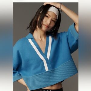 NWT Anthropologie Maeve boxy elbow cropped v neck collared short sleeve sweater